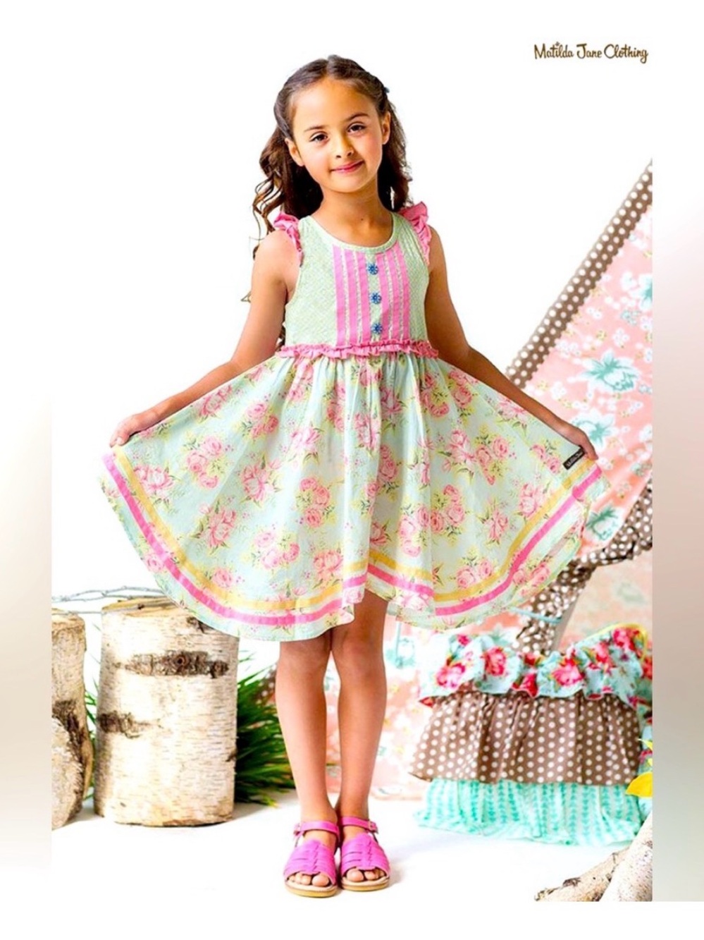 Matilda Jane 4 Happy & Free Heat Wave Dress Green Pink Floral Sleeveless roses